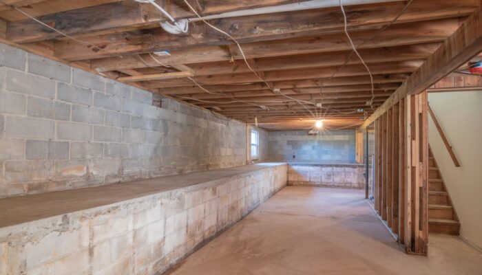 Empty basement showing crawl space moisture conditions