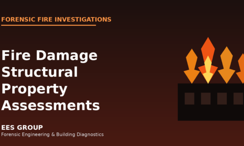Fire-damaged building structure being assessed by a forensic engineer