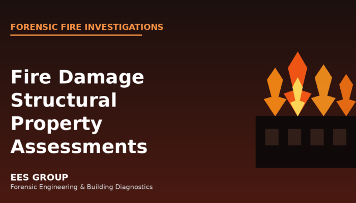 Fire-damaged building structure being assessed by a forensic engineer